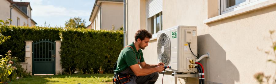 Artisan RGE installant une pompe à chaleur air/eau sur façade de pavillon résidentiel à Chelles