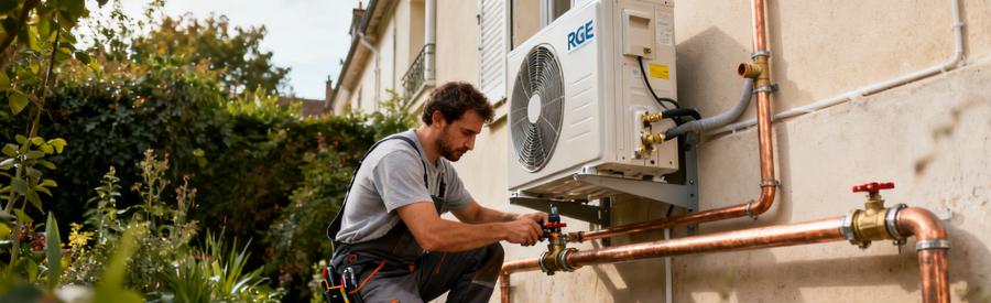 Artisan installant une pompe à chaleur air/eau sur façade d'un pavillon à Clamart, raccordement hydraulique en cours