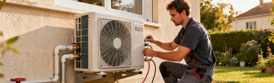 Installation Pac Air Eau Pavillon Corbeil Essonnes Artisan installant une pompe à chaleur air/eau sur façade de pavillon à Corbeil-Essonnes