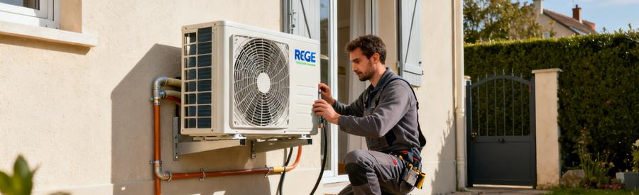 Artisan RGE raccordant une pompe à chaleur air/eau sur façade de pavillon en Essonne 91