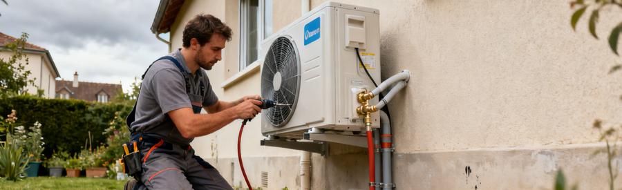 Installation Pac Air Eau Pavillon Hauts De Seine 92 Artisan raccordant une pompe à chaleur air/eau sur façade de pavillon dans les Hauts-de-Seine 92
