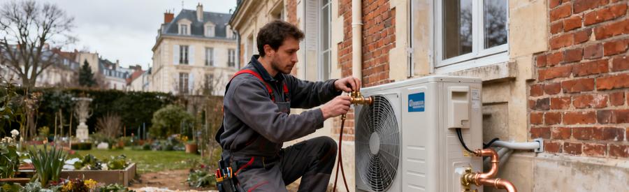 Installation Pac Air Eau Pavillon Hauts De Seine 92 Artisan RGE installant une pompe à chaleur air/eau sur façade de pavillon dans les Hauts-de-Seine 92