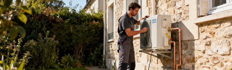 Installation Pac Air Eau Pavillon Ile De France Artisan RGE raccordant une pompe à chaleur air/eau sur façade de pavillon francilien en meulière