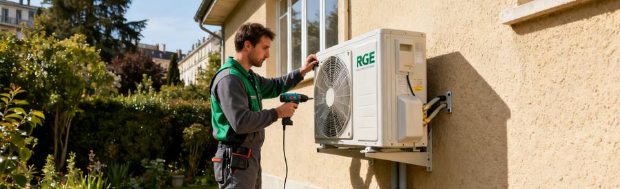 Installation Pac Air Eau Pavillon Maisons Alfort Technicien RGE installant une pompe à chaleur air-eau sur façade de pavillon à Maisons-Alfort