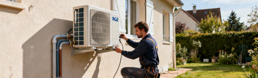 Installation Pac Air Eau Pavillon Plaisir Artisan RGE raccordant une pompe à chaleur air/eau sur façade de pavillon à Plaisir (78)