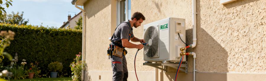 Installation Pac Air Eau Pavillon Seine Et Marne 77 Technicien RGE installant une unité extérieure de pompe à chaleur air/eau sur un pavillon des années 80 en Seine-et-Marne