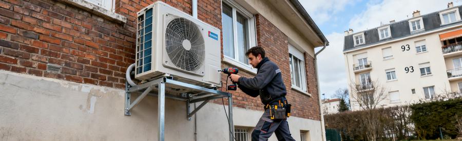 Installation Pac Air Eau Pavillon Seine Saint Denis 93 Technicien installant une pompe à chaleur air/eau sur façade de pavillon en Seine-Saint-Denis 93