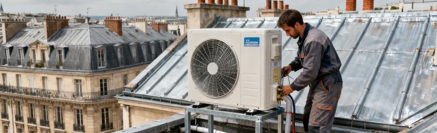 Installation Pac Air Eau Toiture Immeuble Paris 8e Artisan installant une unité extérieure de pompe à chaleur air/eau en toiture d'un immeuble haussmannien Paris 8e