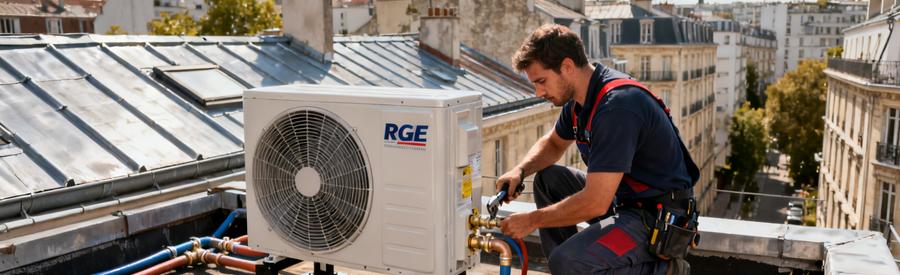 Technicien RGE installant une unité extérieure de pompe à chaleur air/eau sur toiture-terrasse à Issy-les-Moulineaux