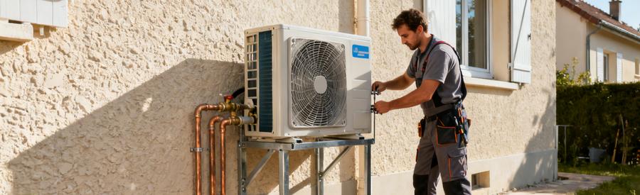 Artisan installant une unité extérieure de pompe à chaleur air/eau sur façade de pavillon à Drancy