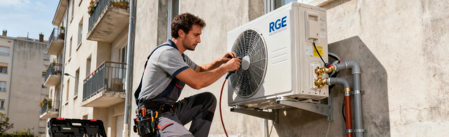 Installation Pac Artisan Rge Courbevoie Artisan RGE QualiPAC raccordant une pompe à chaleur sur façade d'immeuble résidentiel à Courbevoie