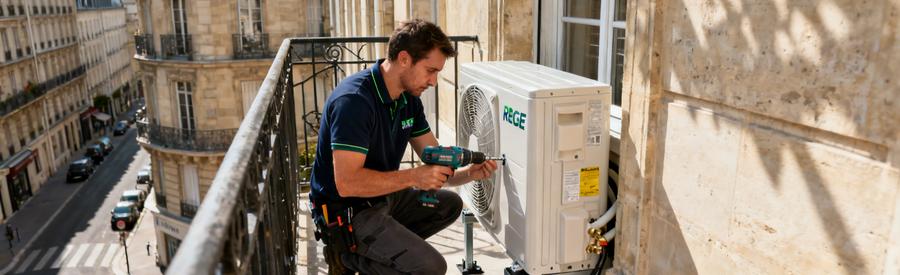 Artisan RGE fixant une unité extérieure de pompe à chaleur sur balcon d'immeuble parisien du 17e arrondissement