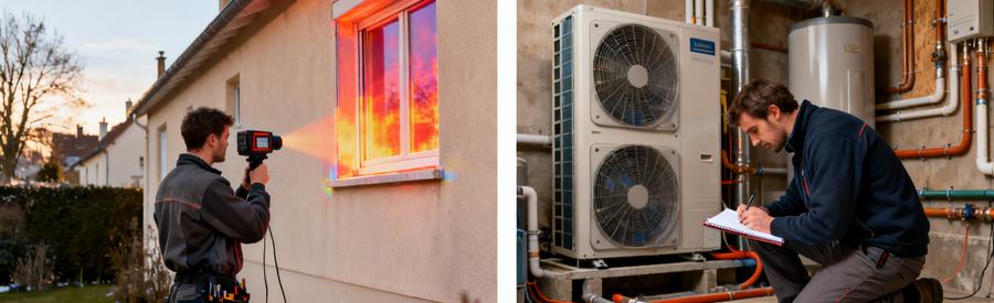 Technicien réalisant bilan thermique et dimensionnement PAC dans un pavillon à Saint-Germain-en-Laye