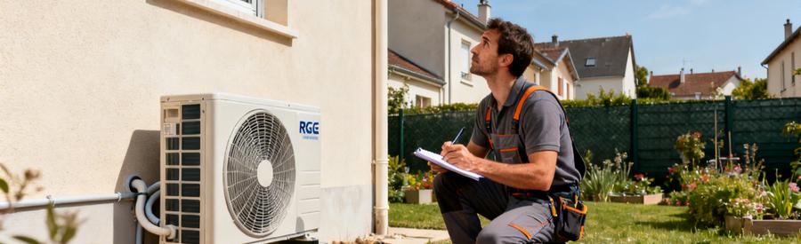 Installateur RGE mesurant l'emplacement d'une unité extérieure de pompe à chaleur dans un lotissement de Mantes-la-Jolie