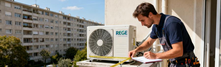 Artisan RGE vérifiant les contraintes réglementaires pour pose d'unité extérieure PAC en copropriété à Évry-Courcouronnes
