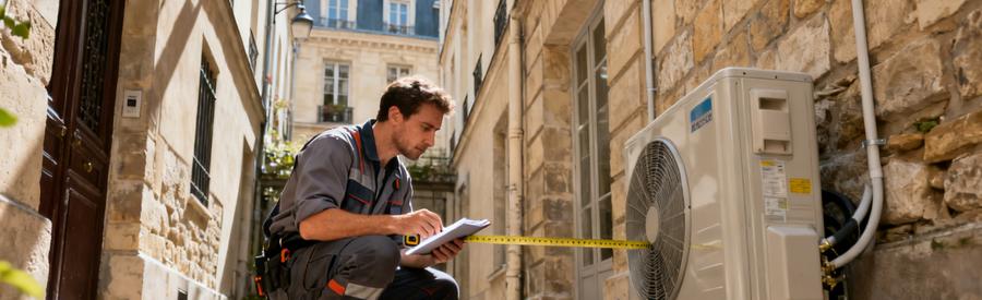 Technicien évaluant l'emplacement d'une unité extérieure PAC dans une cour haussmannienne du Paris 5e