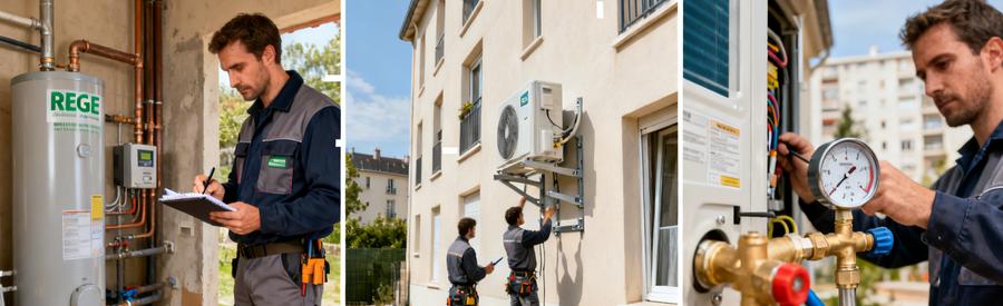 Trois étapes installation pompe à chaleur Créteil : visite technique, pose unité extérieure et mise en service par artisan RGE
