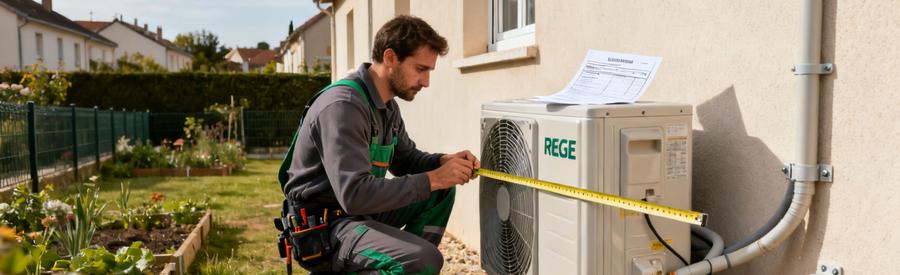 Installation Pac Distance Limite Propriete Corbeil Essonnes Technicien mesurant la distance réglementaire entre unité extérieure PAC et limite de propriété dans un pavillon à Corbeil-Essonnes