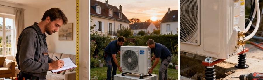 Étapes installation pompe à chaleur Choisy-le-Roi : dimensionnement, pose unité extérieure et socle anti-vibrations