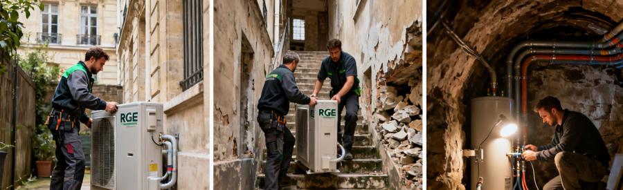 Installation pompe à chaleur Paris 3e : contraintes d'accès immeuble haussmannien, artisans RGE au travail