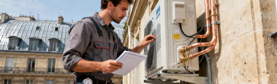 Technicien vérifiant les raccordements d'une pompe à chaleur sur façade d'immeuble parisien, carnet réglementaire en main