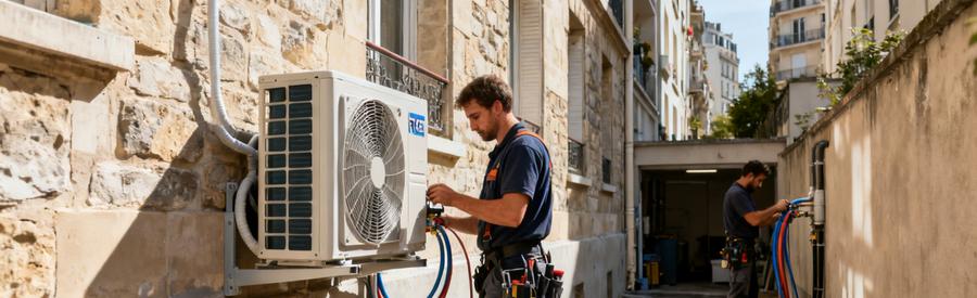 Artisans RGE installant une pompe à chaleur sur façade d'immeuble en milieu urbain dense à Levallois-Perret