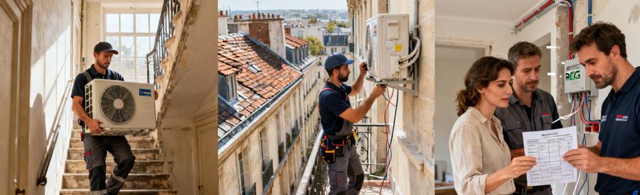 Installation pompe à chaleur Paris 5e : contraintes d'accès immeuble haussmannien et budget travaux avec artisan RGE