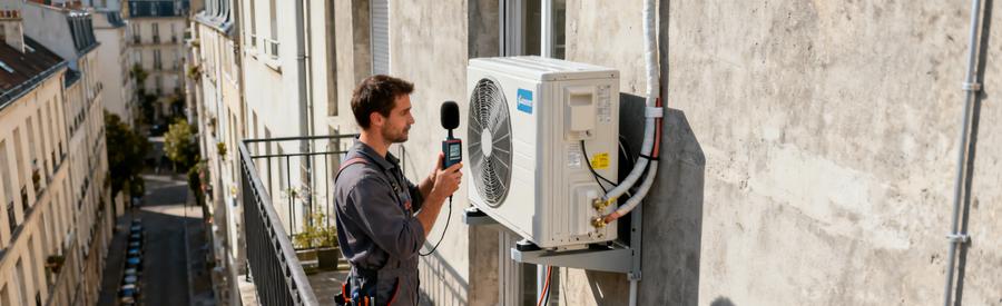Technicien mesurant le niveau sonore d'une unité extérieure PAC installée sur façade d'immeuble à Ivry-sur-Seine