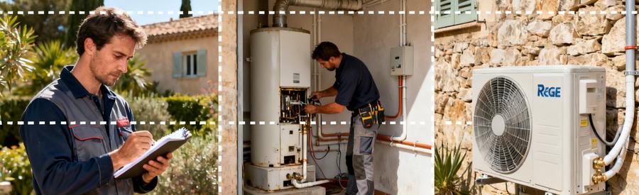 Trois étapes installation pompe à chaleur Mougins : visite technique, dépose chaudière et pose unité extérieure PAC