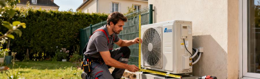 Artisan QualiPAC vérifiant la conformité réglementaire de l'unité extérieure PAC dans un pavillon de Savigny-sur-Orge
