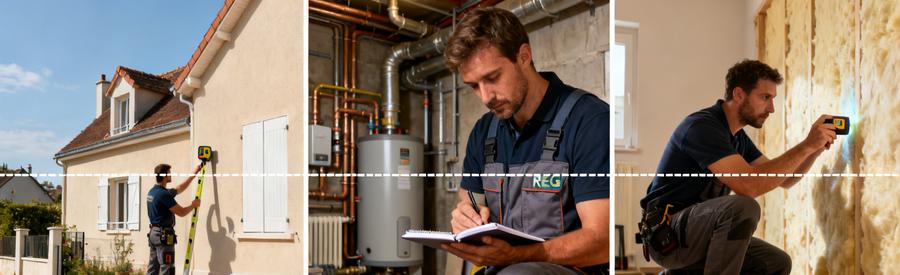 Artisan RGE évaluant surface et isolation d'un pavillon à Taverny avant installation pompe à chaleur