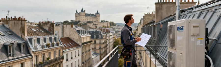 Artisan PAC évaluant l'emplacement d'une unité extérieure sur toit-terrasse d'immeuble à Vincennes