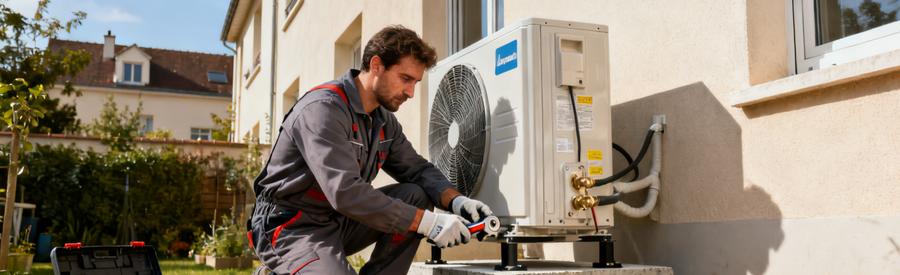 Technicien QualiPAC posant l'unité extérieure d'une pompe à chaleur sur support anti-vibratile à Fontenay-sous-Bois