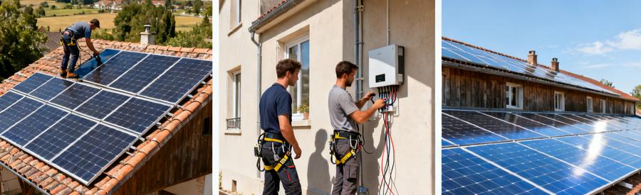 Trois installations solaires résidentielles de 3 à 9 kWc sur toitures françaises, artisans au travail