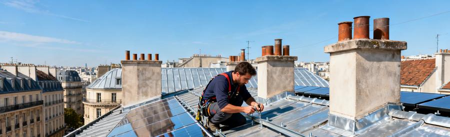 Installation Panneaux Solaires Toiture Haussmannienne Paris 8e Artisan RGE installant des panneaux photovoltaïques sur toiture haussmannienne dans le 8e arrondissement de Paris