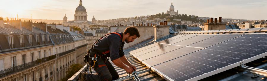 Installation Panneaux Solaires Toiture Immeuble Haussmannien Paris 18 Artisan RGE installant des panneaux solaires photovoltaïques sur toiture haussmannienne dans le 18e arrondissement de Paris