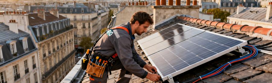 Artisan RGE installant des panneaux solaires photovoltaïques sur toiture parisienne du 12e arrondissement