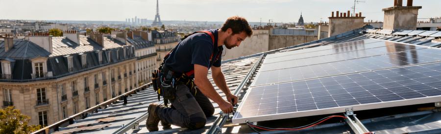 Installation Panneaux Solaires Toiture Paris 18e Artisan RGE installant des panneaux solaires photovoltaïques sur toiture parisienne dans le 18e arrondissement
