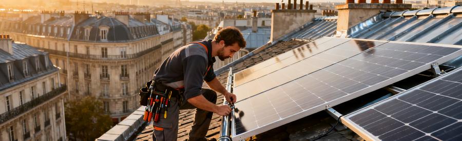 Installation Panneaux Solaires Toiture Paris 19e Artisan RGE installant des panneaux solaires photovoltaïques sur toiture d'immeuble parisien 19e arrondissement