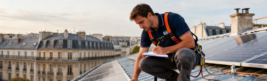 Artisan RGE inspectant une toiture parisienne pour installation de panneaux solaires photovoltaïques Paris 1er