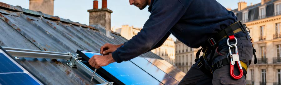 Artisan RGE posant des panneaux photovoltaïques sur toiture parisienne avec immeubles haussmanniens en arrière-plan