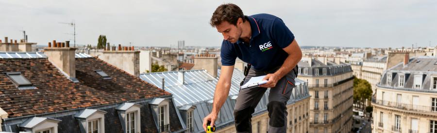Installation Panneaux Solaires Toiture Paris 4e Artisan RGE inspectant une toiture parisienne avant pose de panneaux photovoltaïques dans le 4e arrondissement