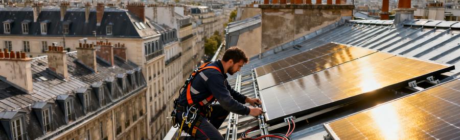 Artisan RGE installant des panneaux photovoltaïques sur toiture parisienne dans le 6e arrondissement