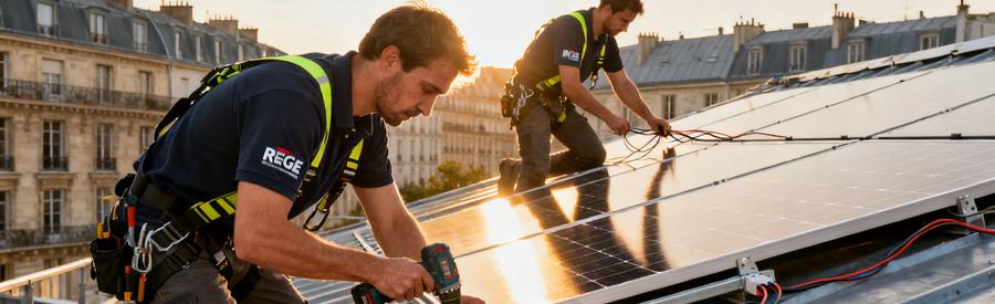 Artisans RGE posant des panneaux photovoltaïques sur toiture parisienne avec immeubles haussmanniens en arrière-plan