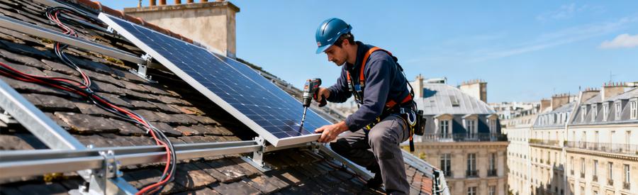 Installation Panneaux Solaires Toiture Paris 7e Artisan RGE installant des panneaux photovoltaïques sur une toiture ardoise dans le 7e arrondissement de Paris