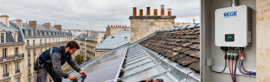 Artisan RGE installant des panneaux solaires photovoltaïques sur toiture haussmannienne dans le 9e arrondissement de Paris