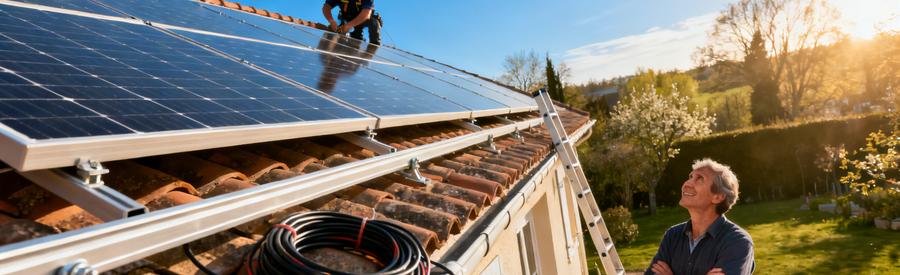 Devis panneaux solaires : Artisan RGE posant des panneaux solaires sur toiture en tuiles d'un pavillon français, propriétaire observant les travaux