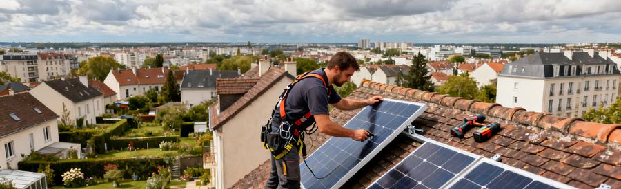 Artisan RGE QualiPV installant des panneaux solaires sur toiture ardoise d'un pavillon en Île-de-France