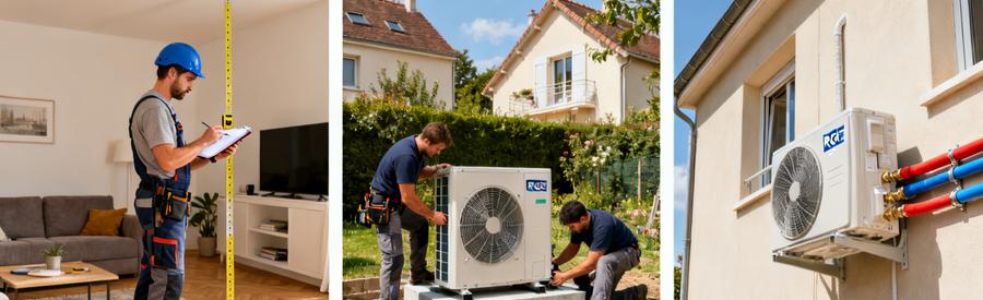 Étapes installation pompe à chaleur Ermont : visite technique, pose unité extérieure sur dalle béton par artisans RGE
