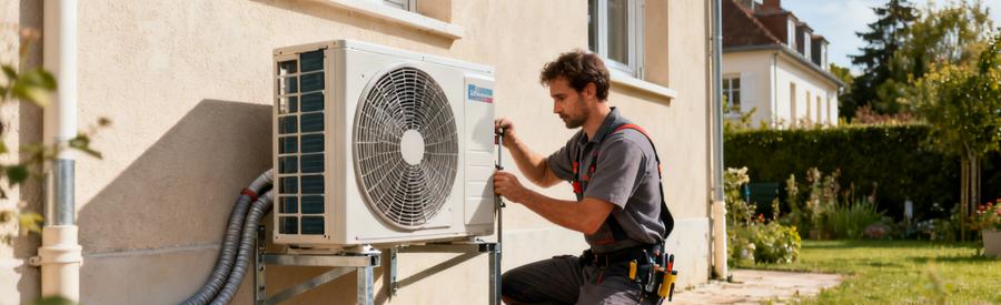 Installation Pompe Chaleur Air Air Champigny Sur Marne Technicien installant une unité extérieure de pompe à chaleur sur façade de pavillon à Champigny-sur-Marne